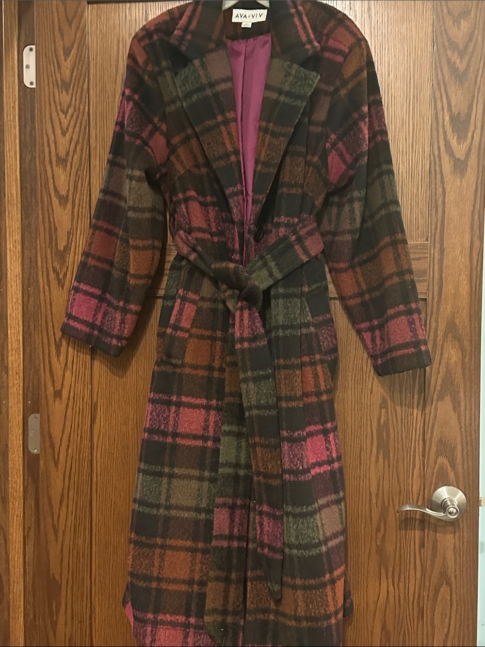 Ava & Viv Plaid Belted Long Coat - Pink, Green, Brown